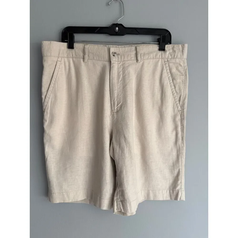 Alan Flusser Men's W36 Linen Rayon Shorts Beige Khaki Flat Front 2 Back Pockets